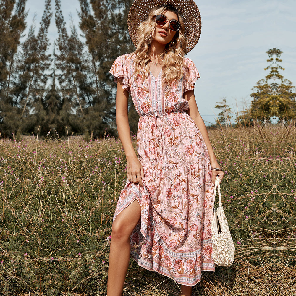 Dress Lotus Leaf Short-sleeved V-neck Straps Skirt