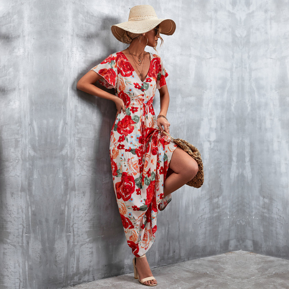 Women V-neck Button-up Waist Lace-up Print Dress