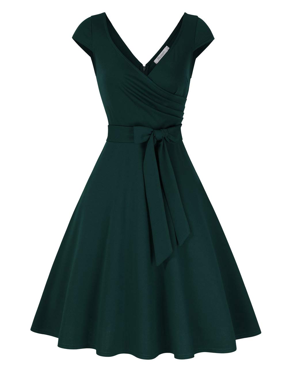 Alternative view of Vestido vintage para mujer, vestido de noche, estilo años 50, cuello en V, Rockabilly, retro, estilo Hepburn, vestido de cóctel, manga corta, verde oscuro, XL, Manga Corta Verde Oscuro