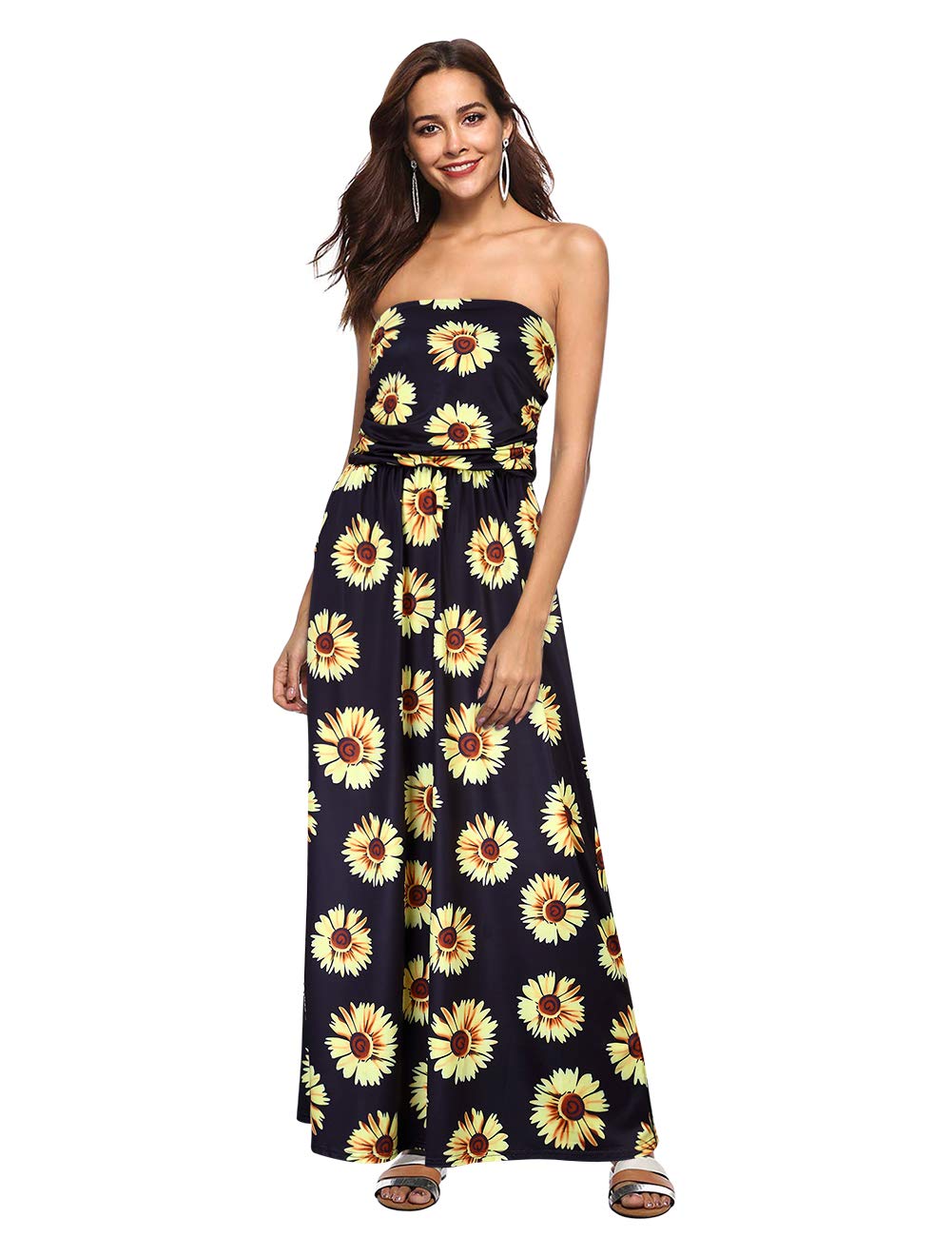 Women's Strapless Flower Beach Party Maxi Dress (Black Daisy, L)