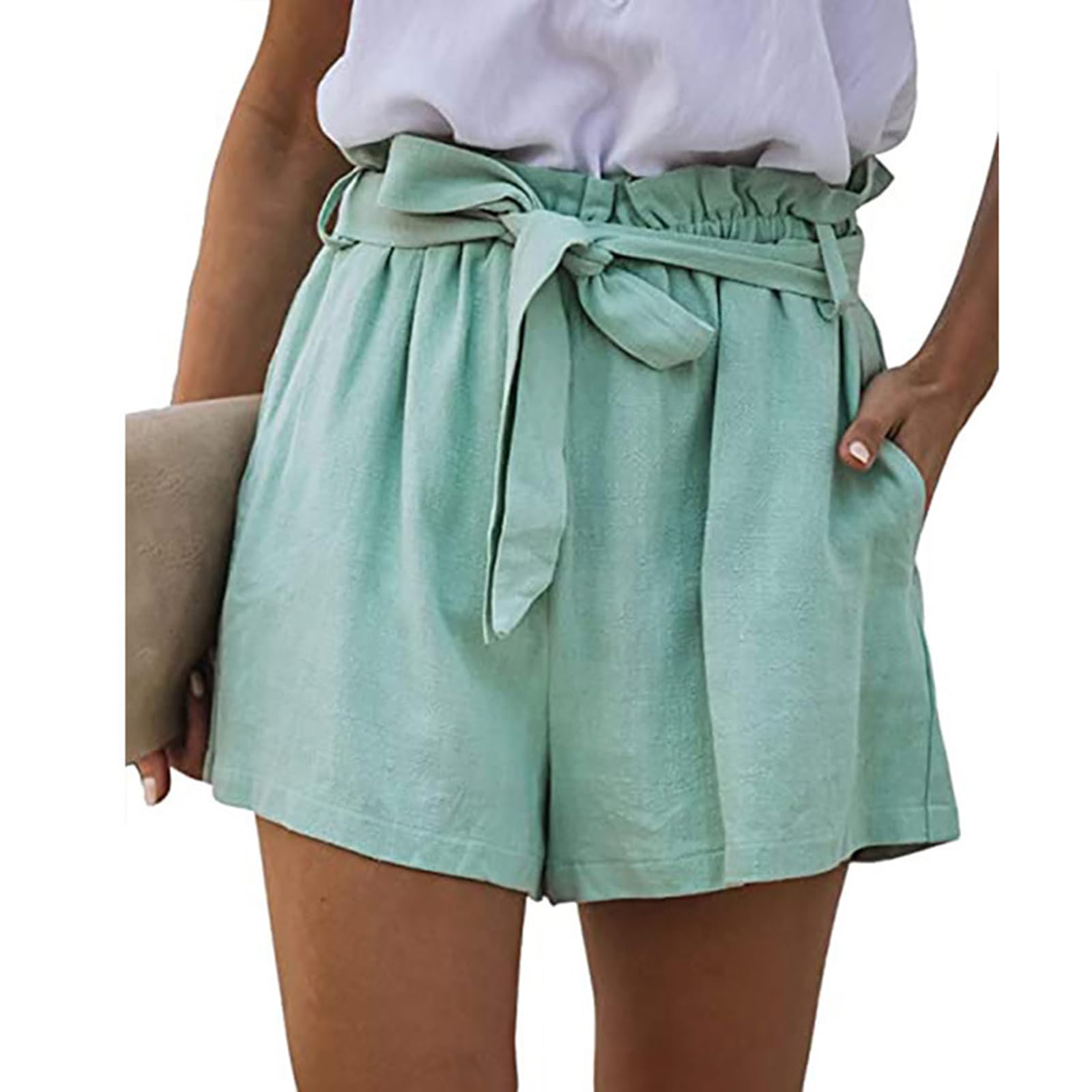 Women’s Summer Casual Wide Leg Shorts With Pockets High Elastic Waist Adjustable Tie Knot Loose Cute Trousers light green L