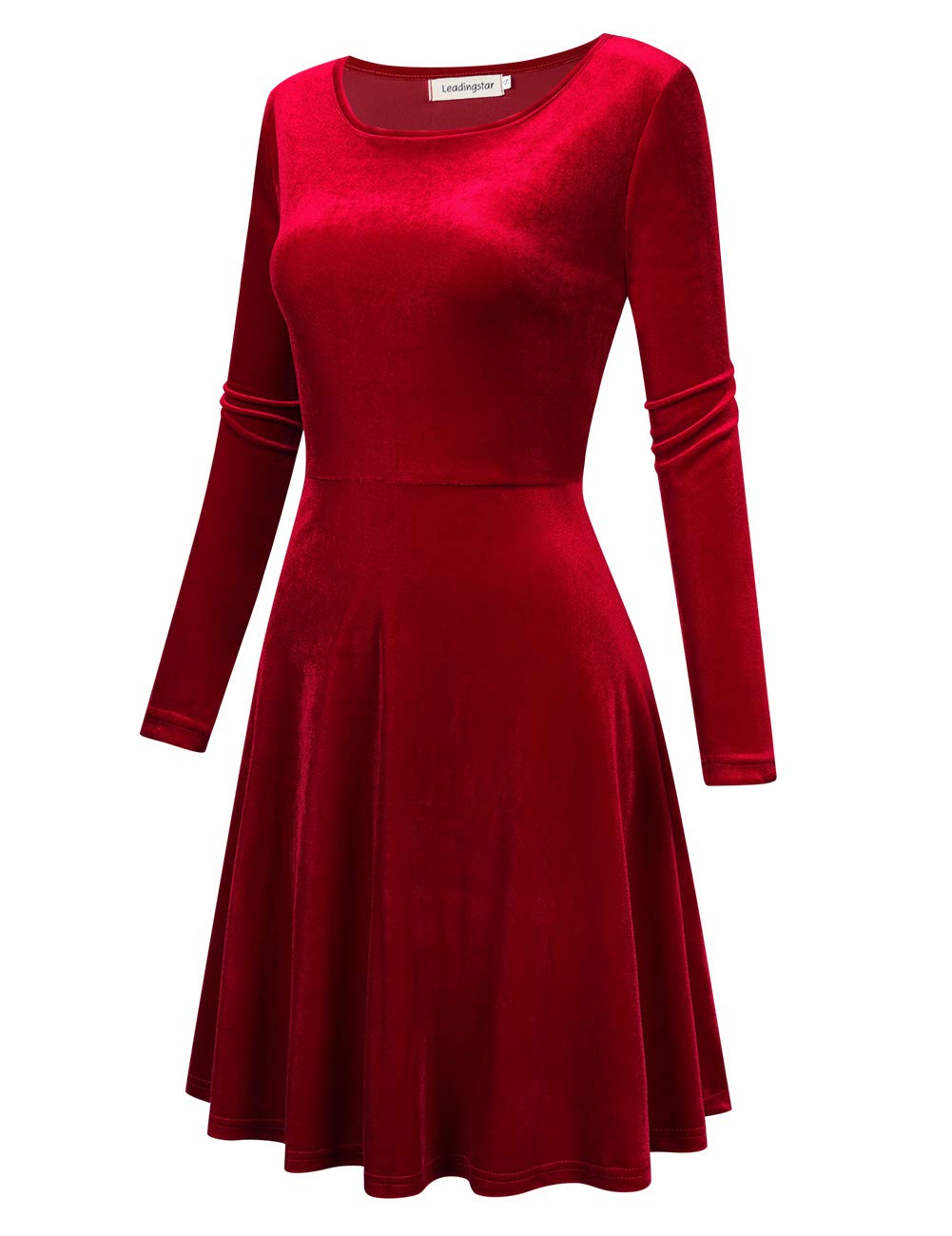 Women Christmas Party Dress Long Sleeve Slim Fit and Flare Round Neck Evening Dinner Banquet Night Out Dress Simple Modest Holiday Brithday Dress Burgundy Wine Red X-large XL