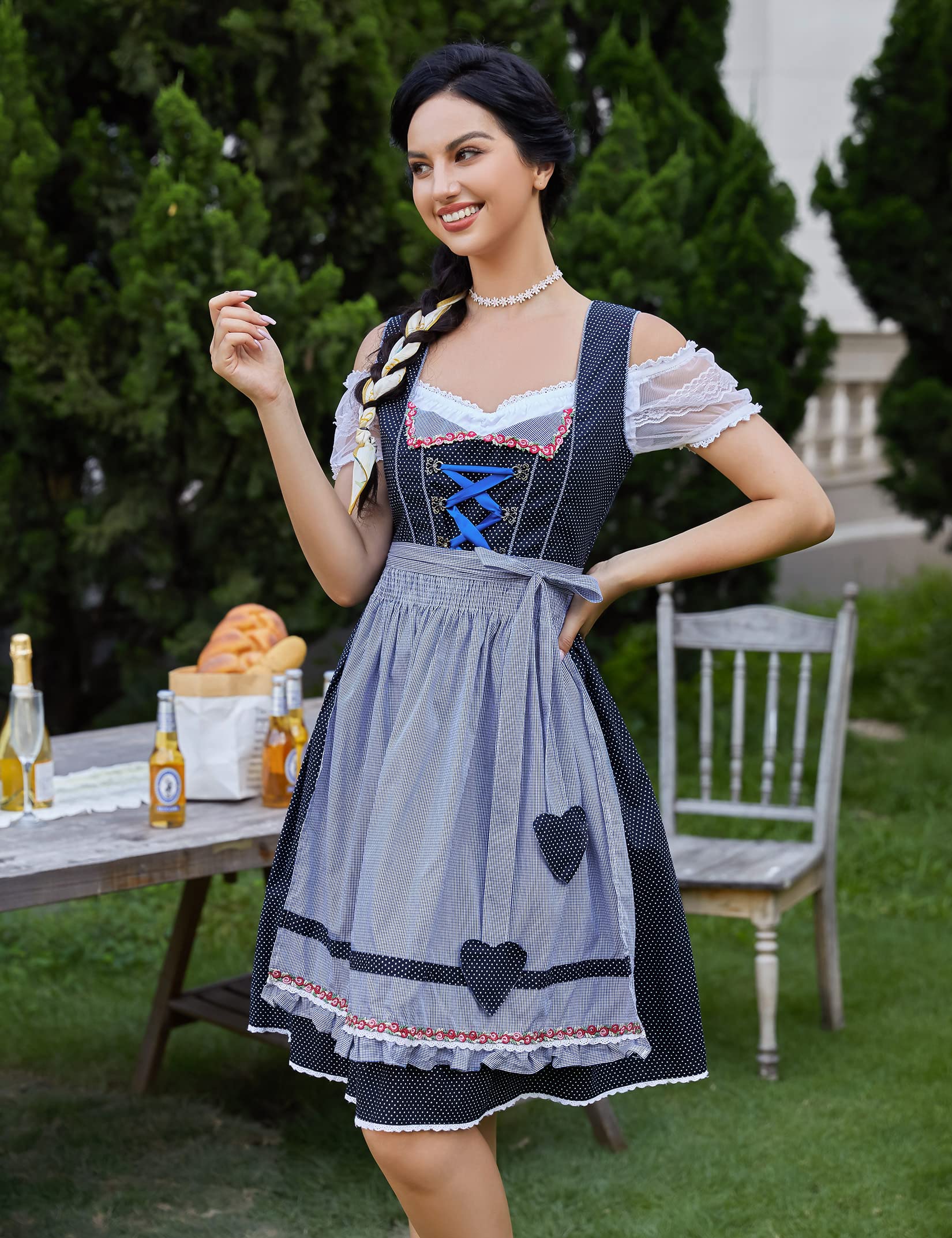 Women Dirndl Dress Oktoberfest (3 Pieces:Dress, Shirt, Apron)for Oktoberfest Carnival Blue-Dot M - Image 2