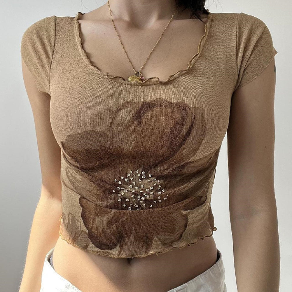 Alternative view of Women T-shirt U Neck Short Sleeve Flower Crop Tops