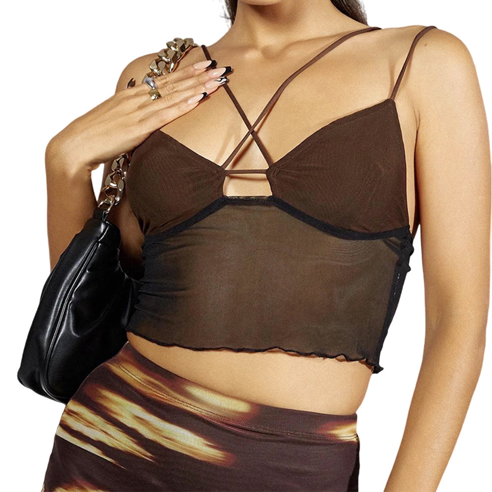 Women Sleeveless Mesh Tank Backless Spaghetti Strap Cami Tops
