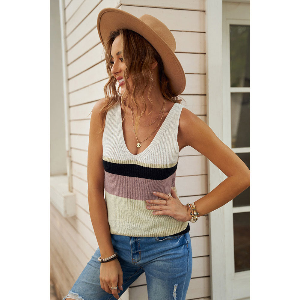 Alternative view of Women V-neck Sleeveless Shirts Contrast Knitted Tops