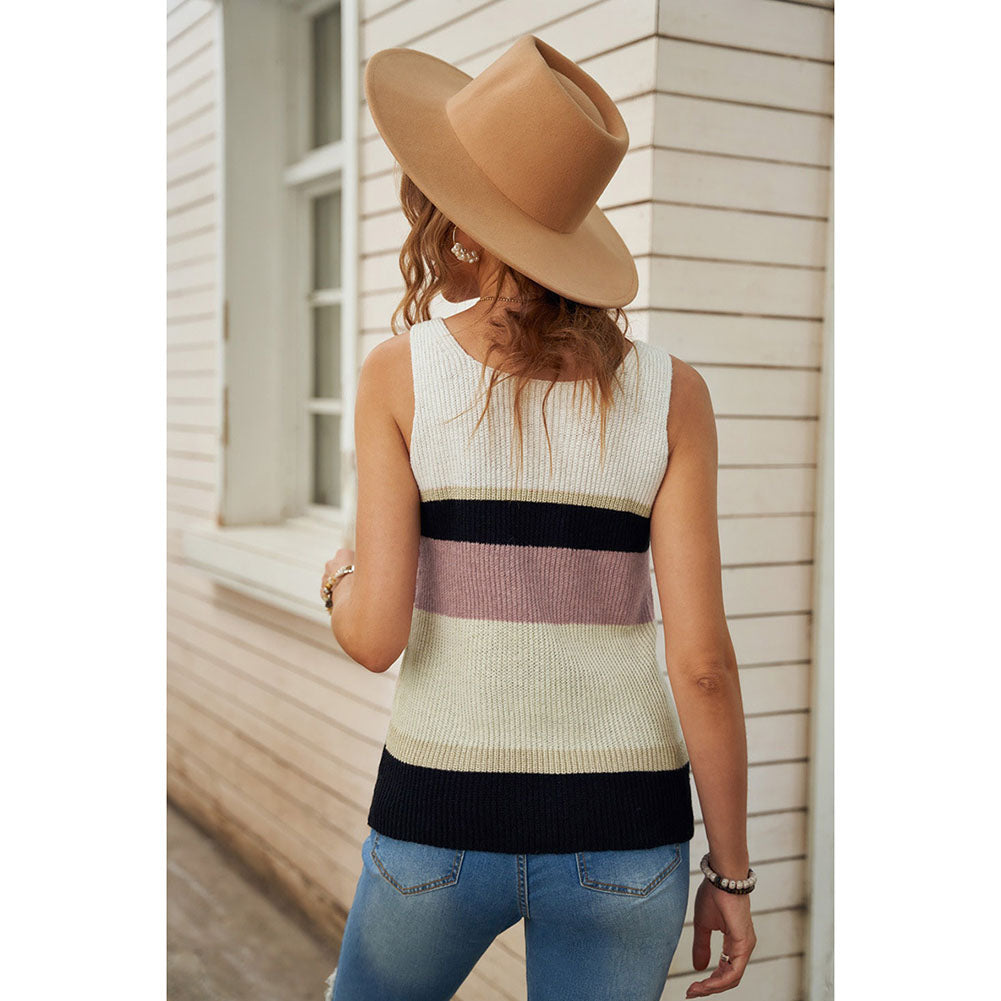 Women V-neck Sleeveless Shirts Contrast Knitted Tops