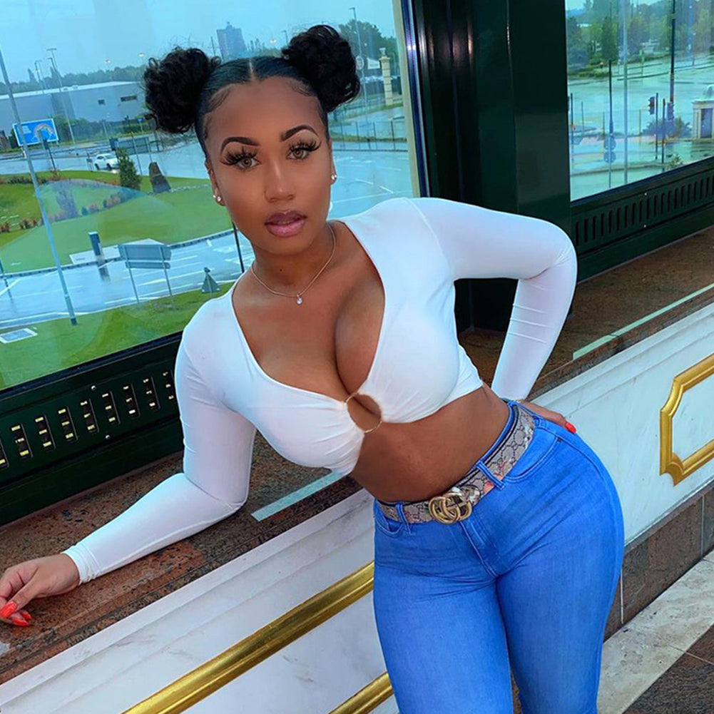 Alternative view of Women Deep V Neck Long Sleeve Crop Tops