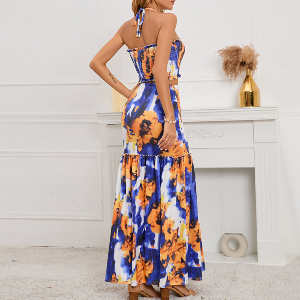 2pcs Boho Halter Neck Crop Top Skirt Set Suit