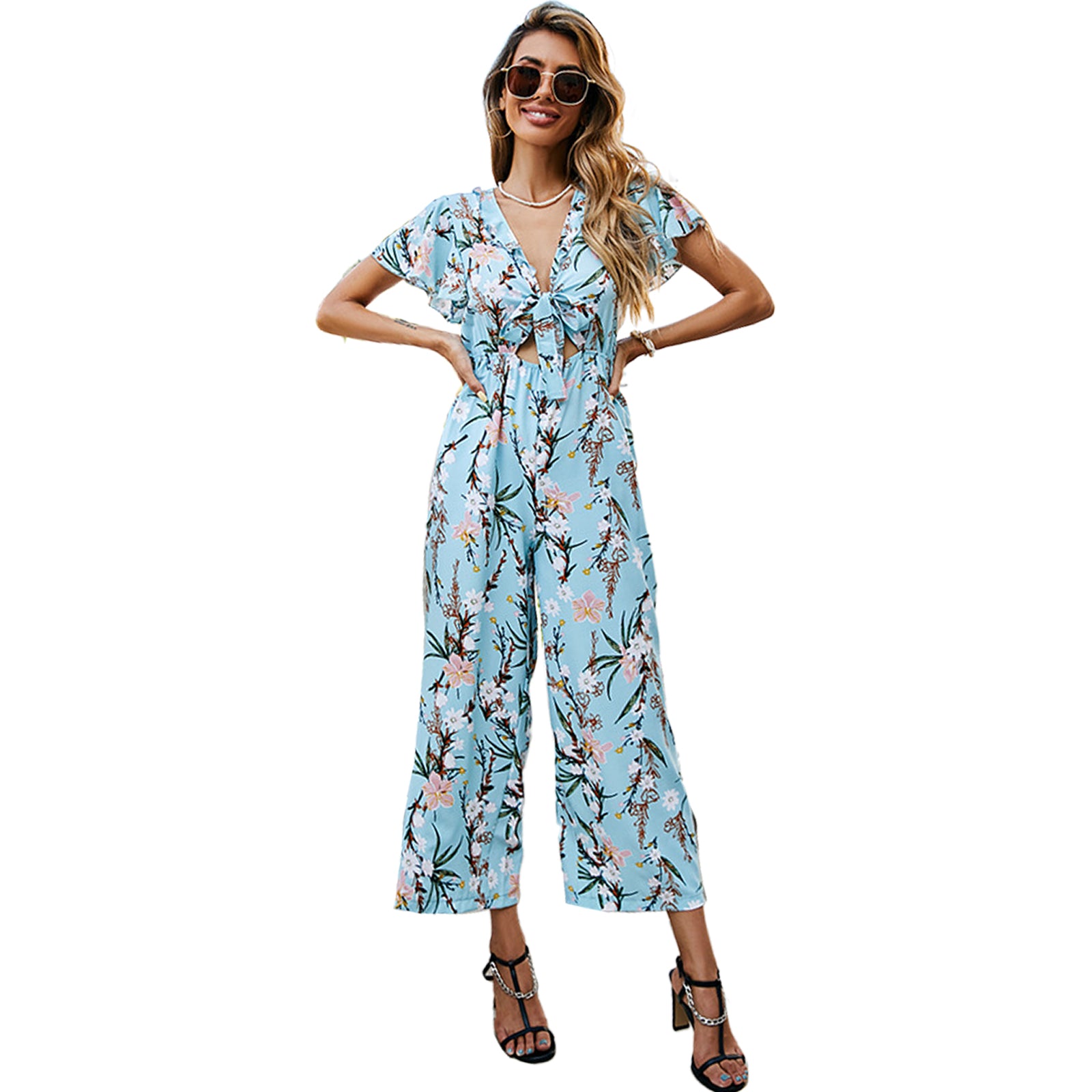 Women Short Sleeve Jumpsuit Wide Leg Pants