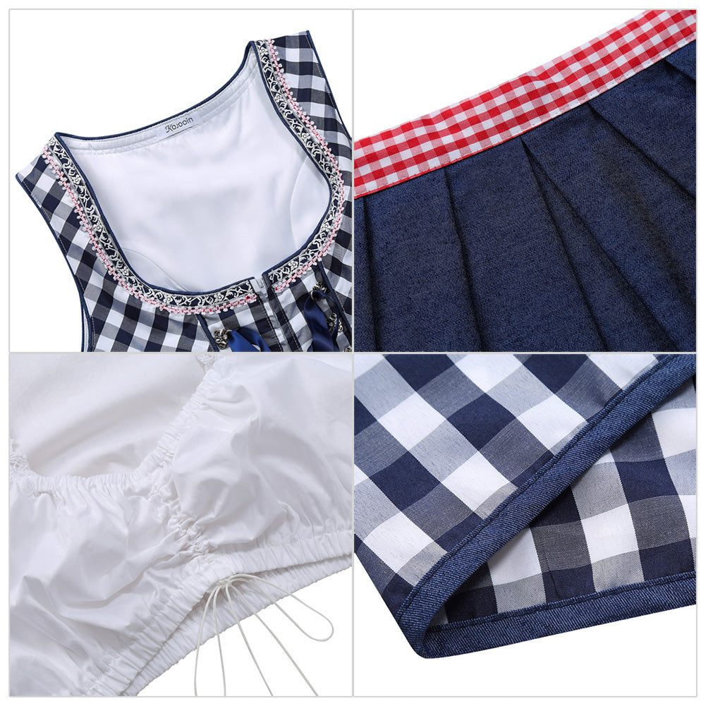 Abito Donna Dirndl Bavaria Oktoberfest Set 3 Pezzi Camicia e Grembiule Dirndl Manica Corta Grembiule Bavarese Oktoberfest Cameriera Abiti da festa