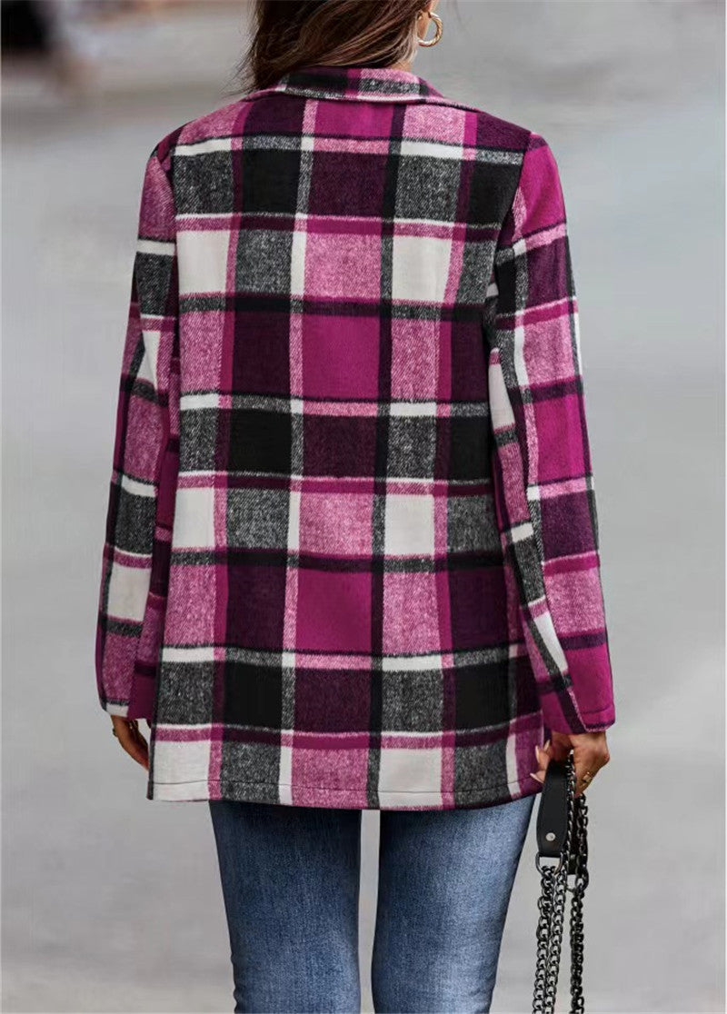 Women's Loose Plaid Print Long-sleeved Pocket Woolen Tops