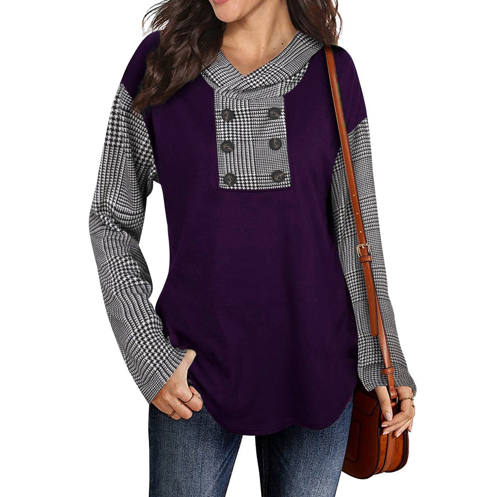 Women Long-sleeved Tops Plaid Hooded Sweater T-shirt