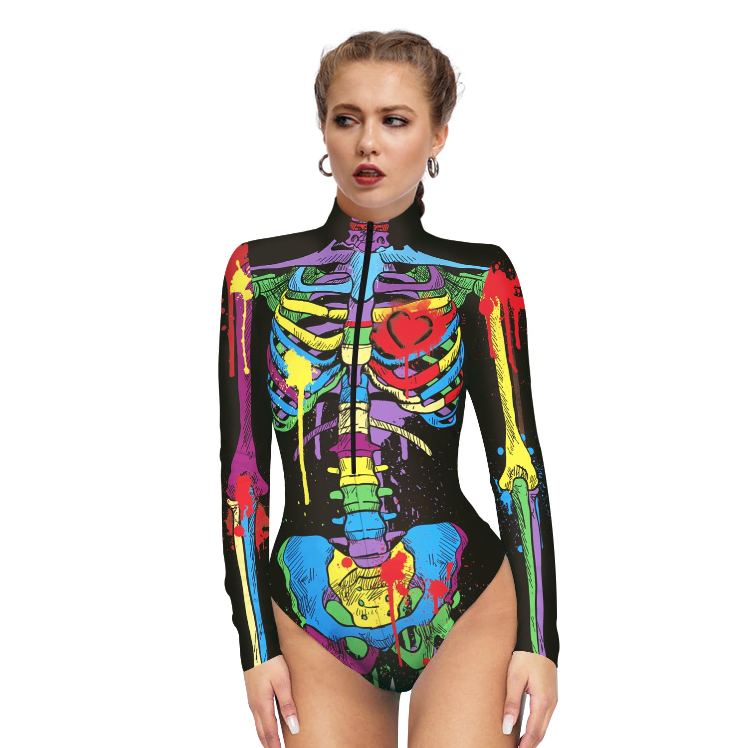 Halloween Skeleton Bodysuit Dress Up Zip Tops