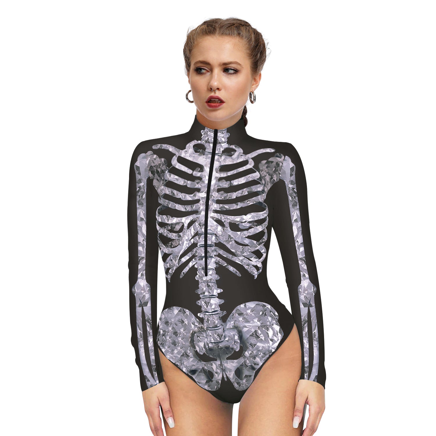Alternative view of Halloween Skull Digital Print Ladies Zip Tight Long Sleeve Jumpsuit Leggings Button Open