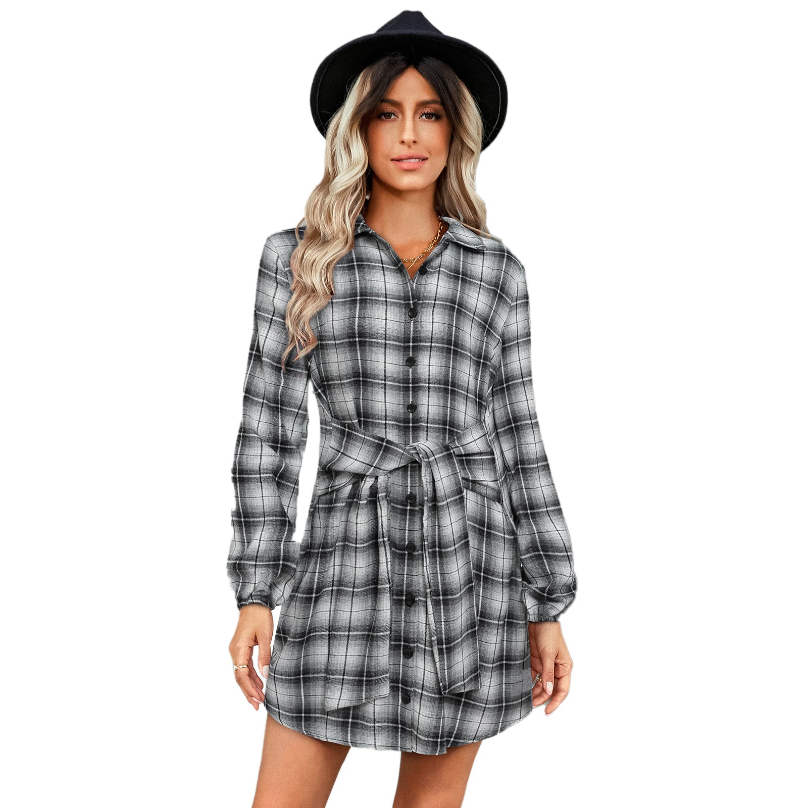 Women Single-breasted Plaid Strappy Waist Dress