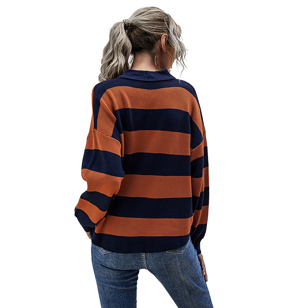 Alternative view of Striped Tops Women Lapel Contrast Knit Sweaters