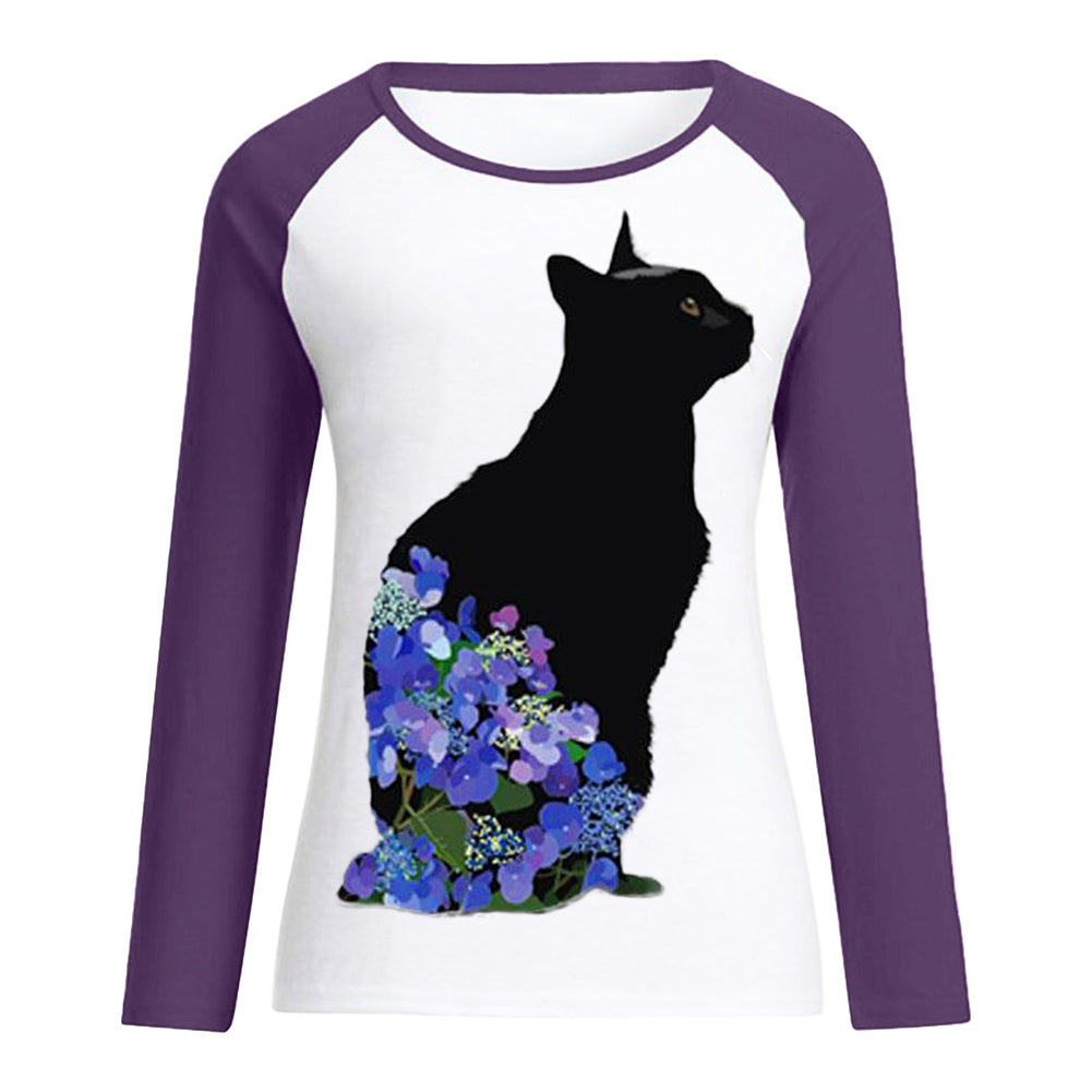 Women Cat Casual Crew Neck Long Sleeve Tops T-shirt