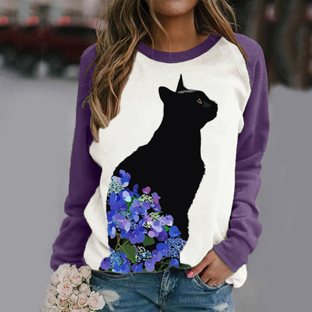 Alternative view of Women Cat Casual Crew Neck Long Sleeve Tops T-shirt