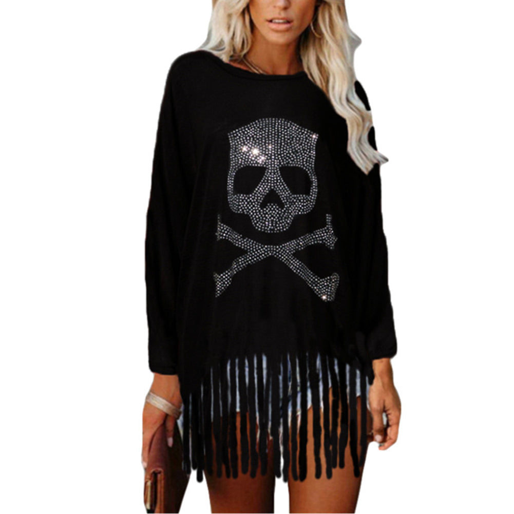 Halloween Tops Diamond Skull Bat Long Sleeve T-shirt