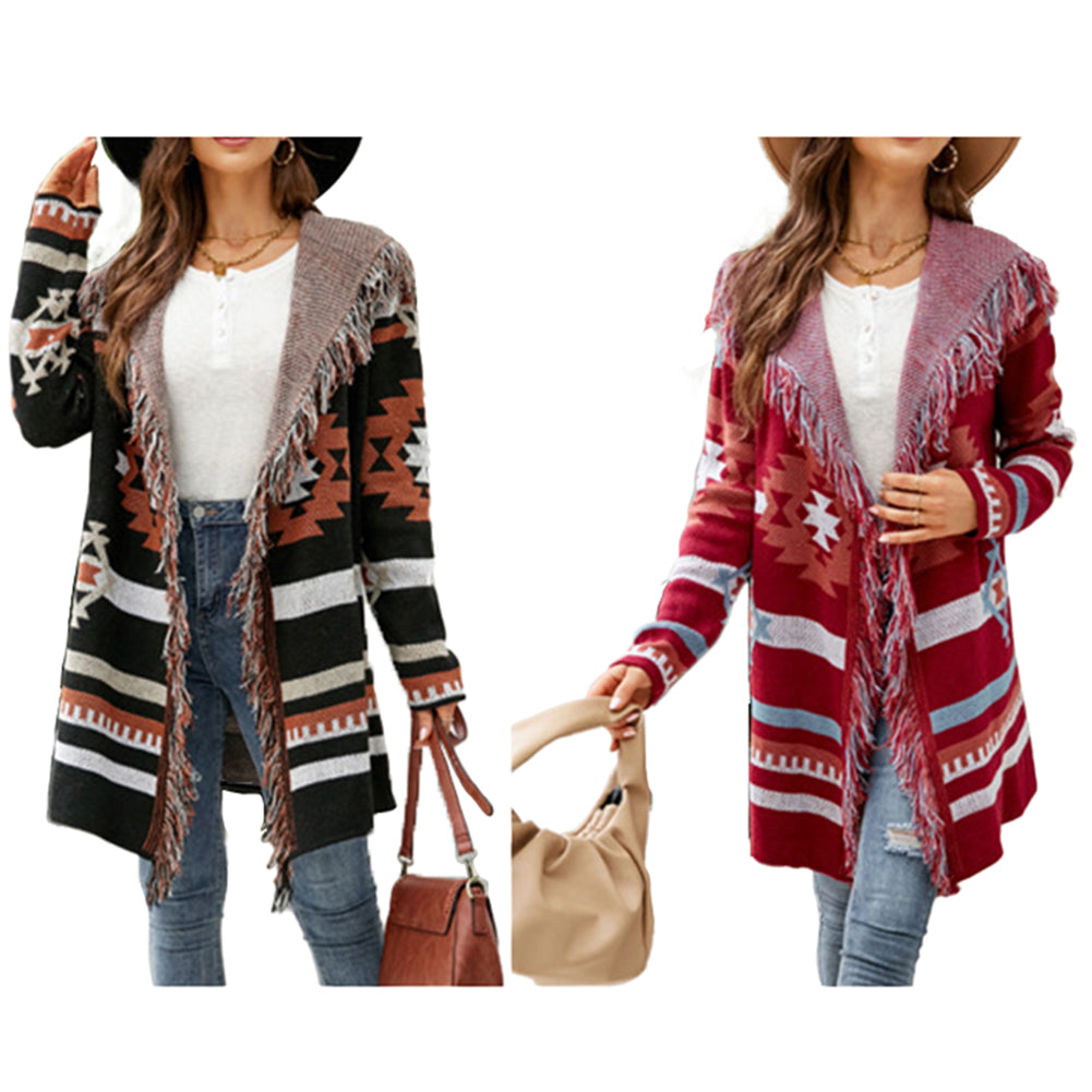 Alternative view of Fringed Hooded Knit Cardigan Jacket Sweaters