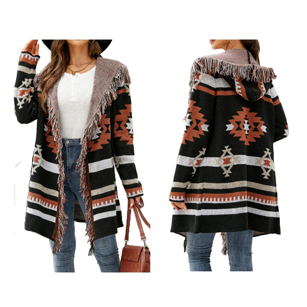 Fringed Hooded Knit Cardigan Jacket Sweaters