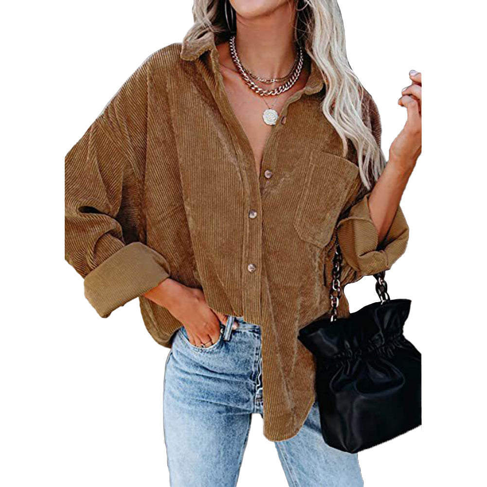 Corduroy Button-up Cardigan Lapel Loose Padded Shirt Tops