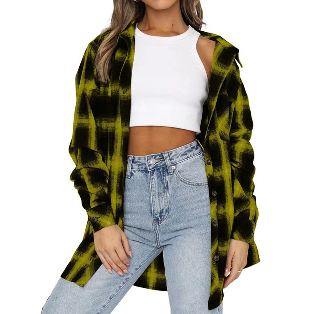 Ladies Casual Pocket Loose Plaid Shirt Tops