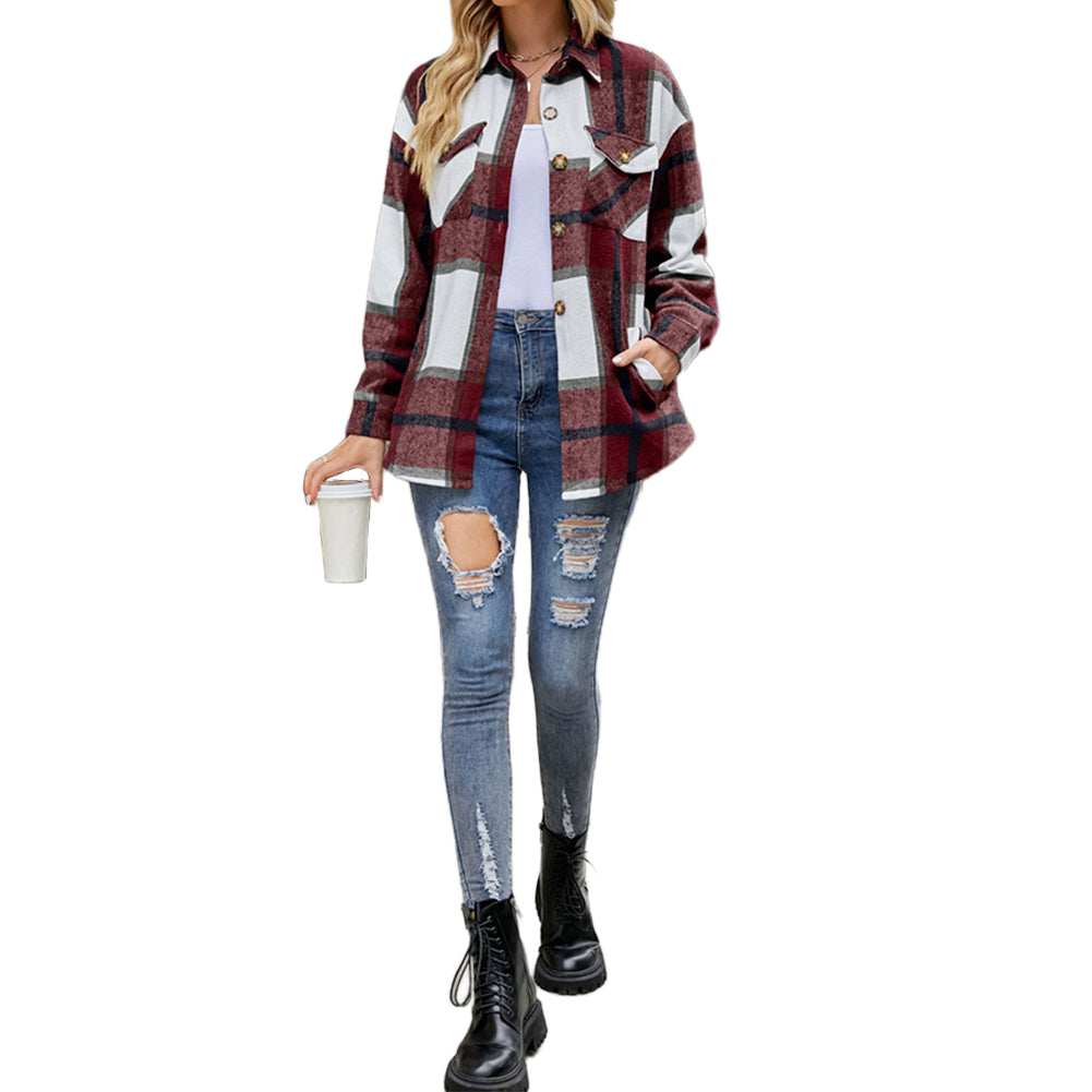 Ladies Plaid Jacket Casual Loose Pocket Shirt Tops