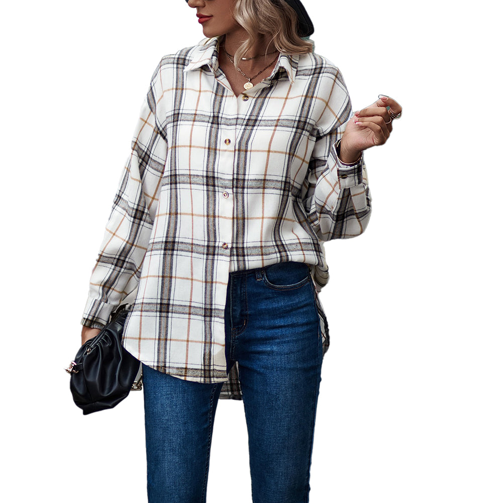 Ladies Casual Loose Boyfriend Plaid Shirt Tops