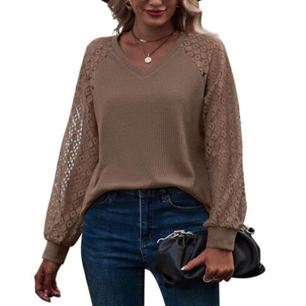 Waffle-grass Puff-sleeve V-neck Long-sleeve Tops