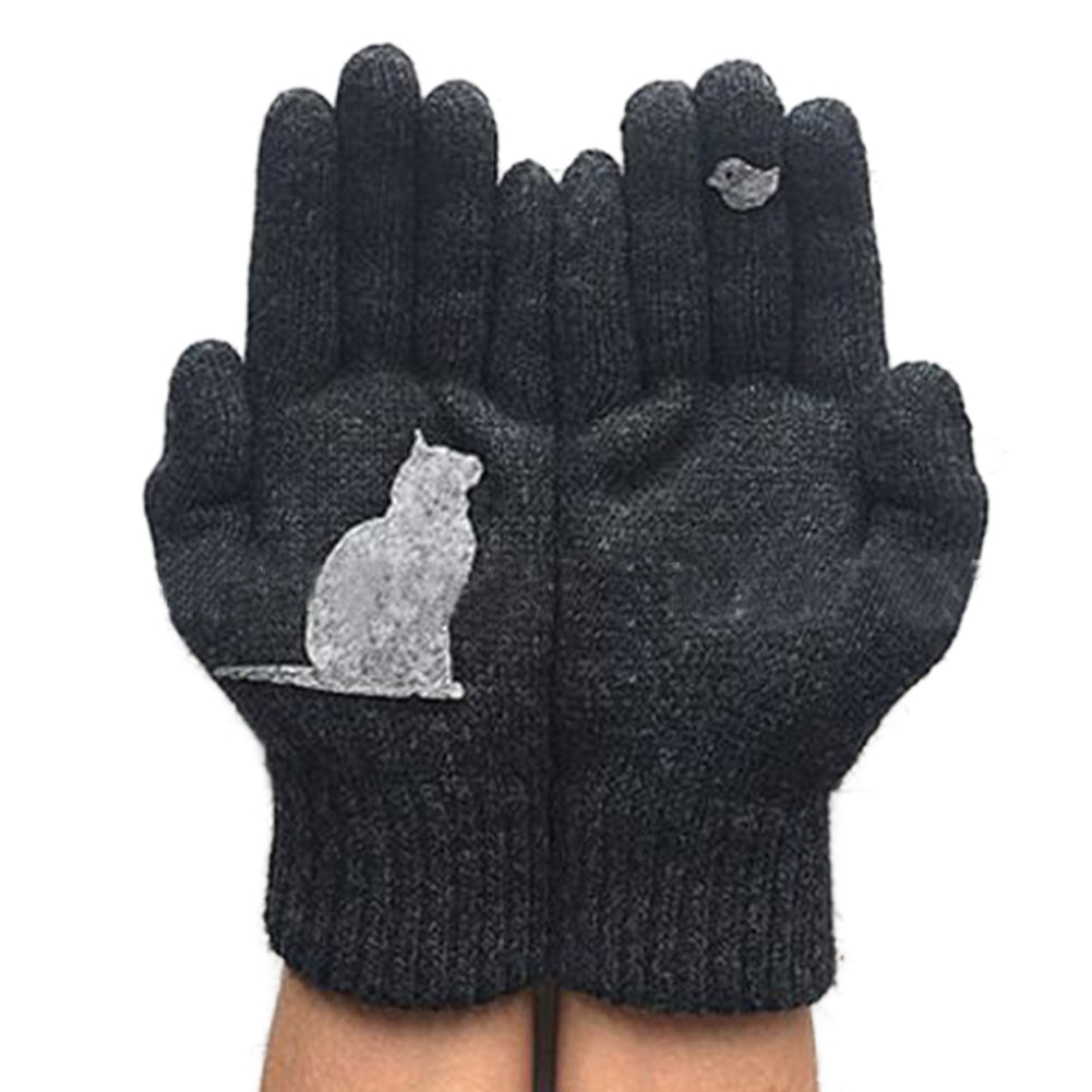 Tops Autumn Winter Outdoor Thick Cat Bird Print Gloves