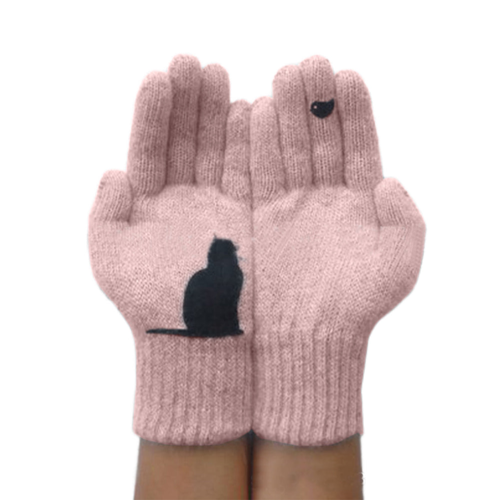 Alternative view of Tops Autumn Winter Outdoor Thick Cat Bird Print Gloves