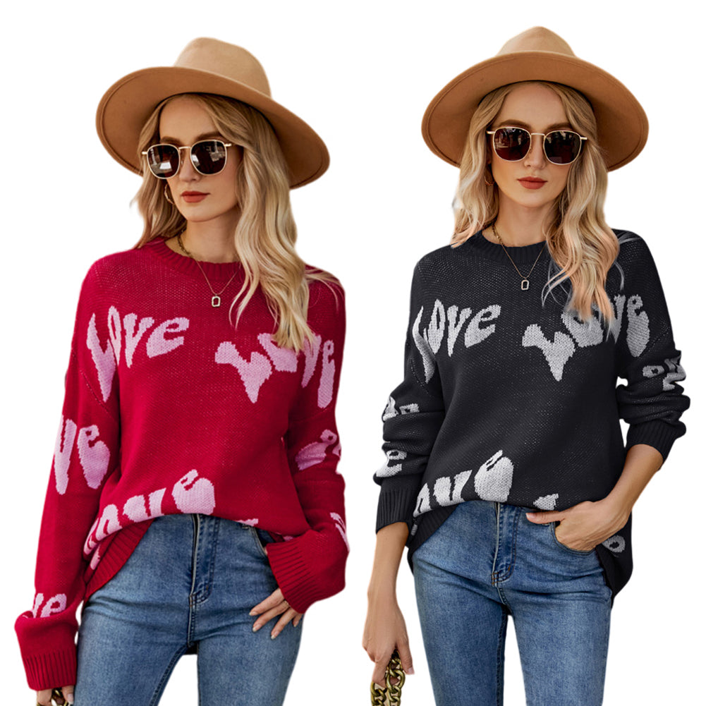 Letter Jacquard Long Sleeve Pullover Sweaters
