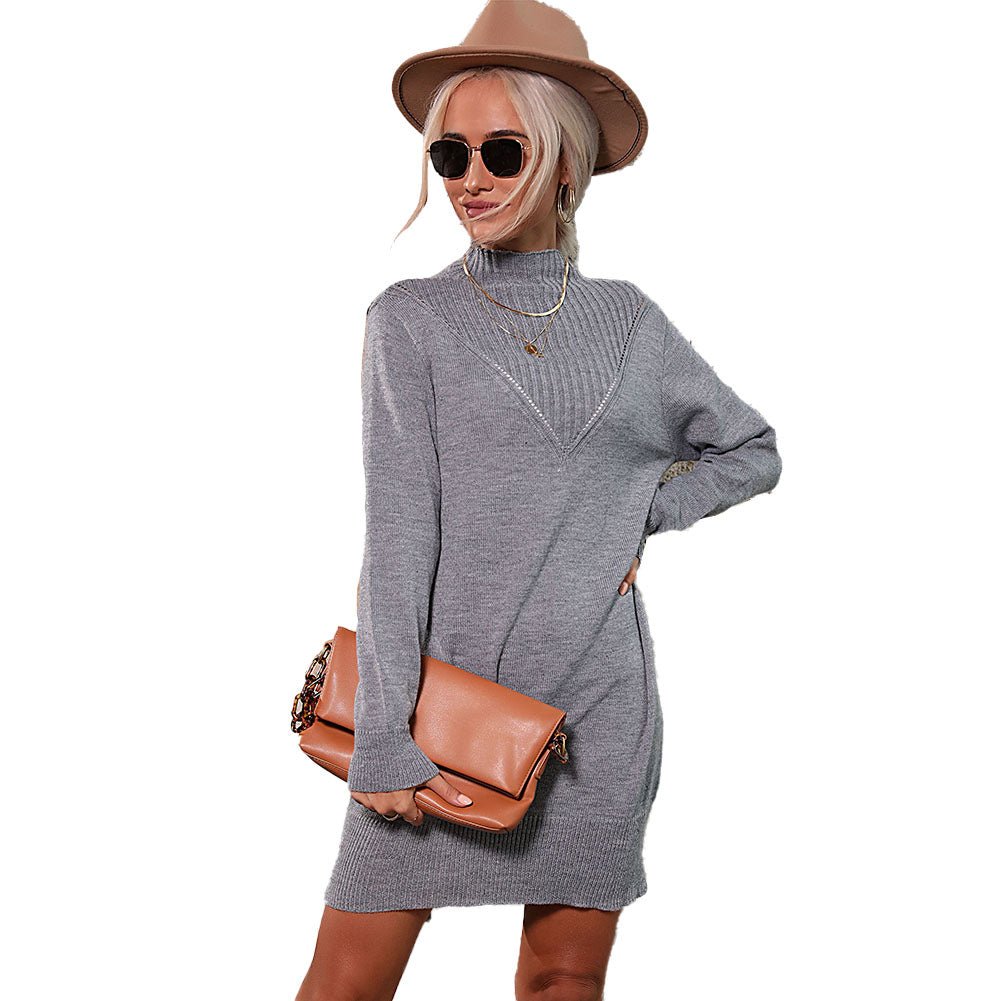Women Long Sleeve Solid Half Turtleneck Sweater Dress