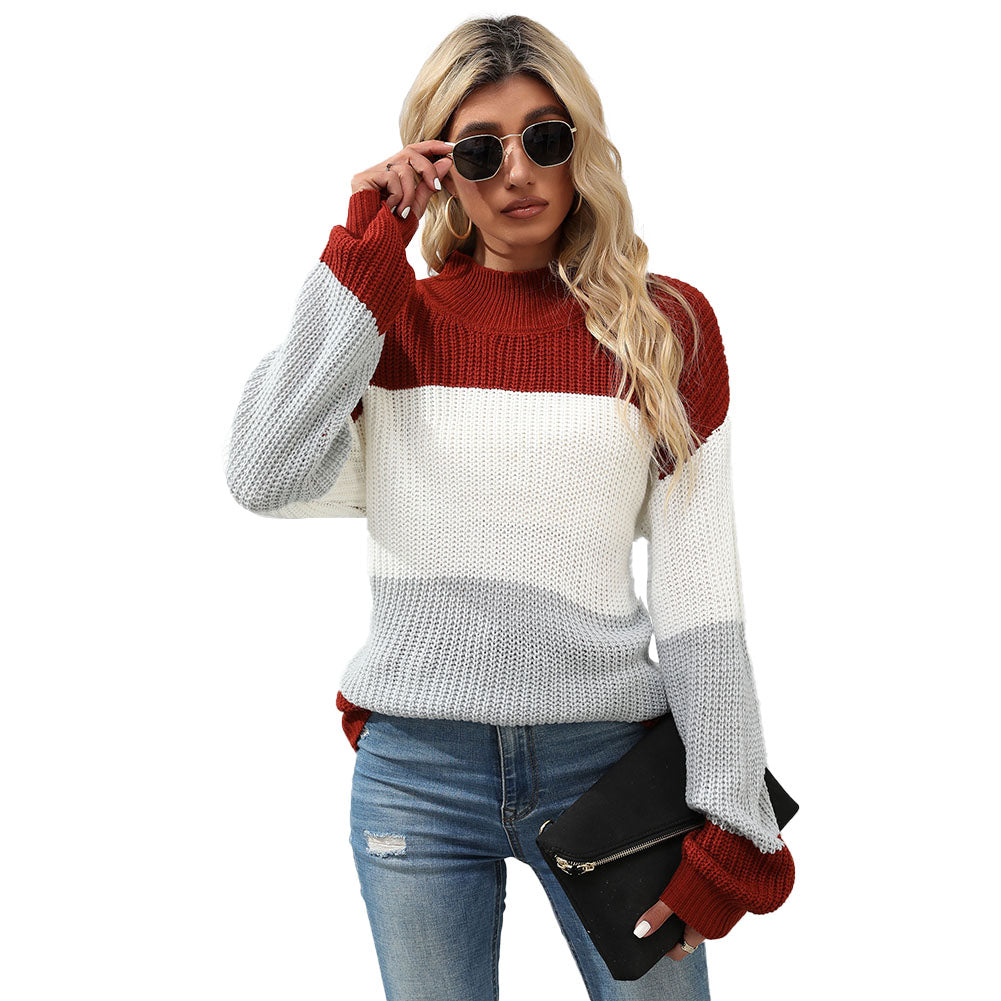 Women Long Sleeve Colorblock Mid Long Sweaters