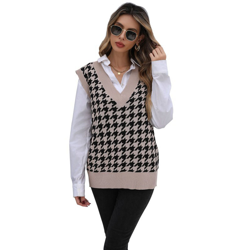 Mid-length Tops Houndstooth Sweater Vest
