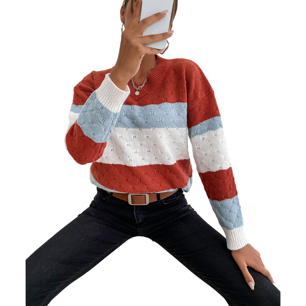 Casual Top Colorblock Long Sleeve Loose Sweaters