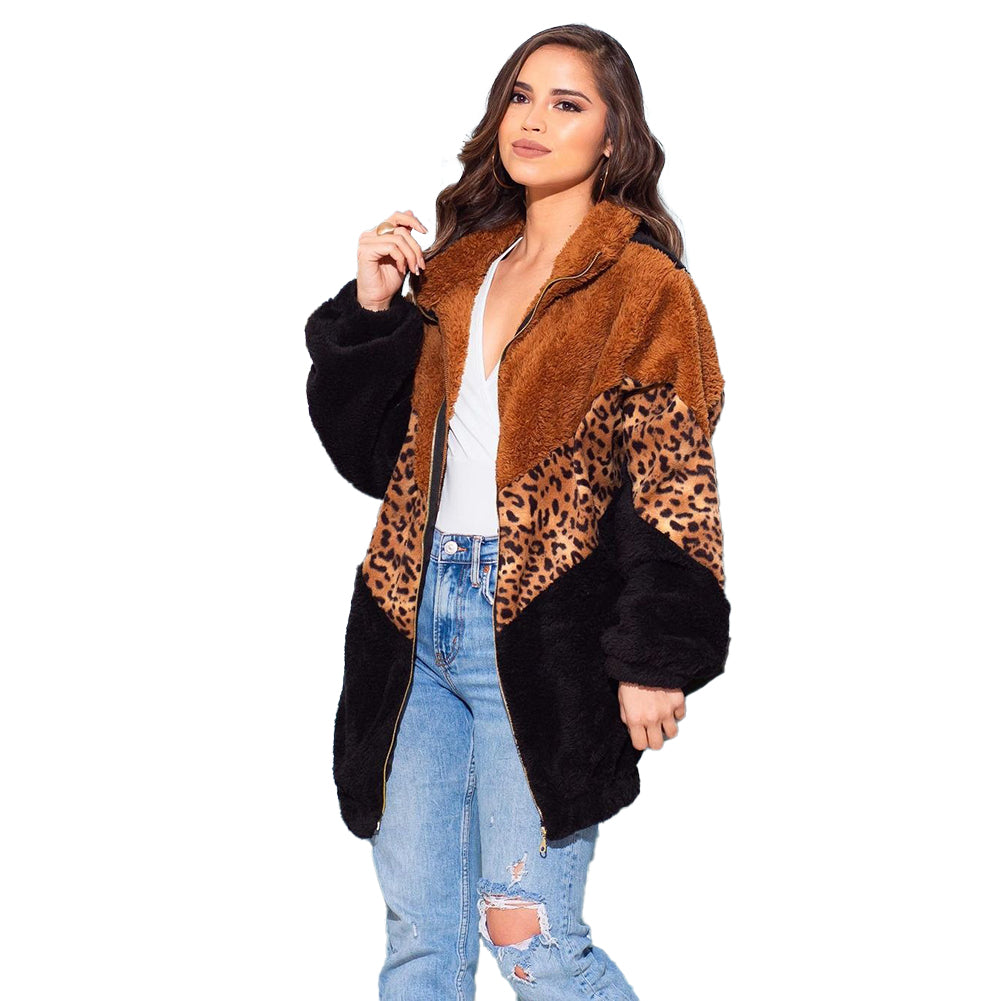 Alternative view of Leopard Print Zipper Long Sleeve Plush Jacket Women