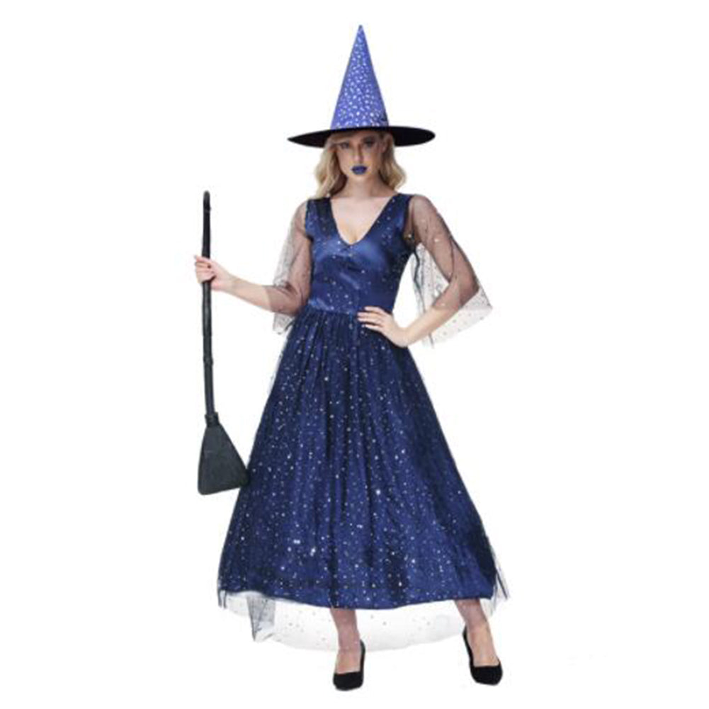 Alternative view of V-neck Mesh Blue Star And Moon Witch Puffy Witch Dress