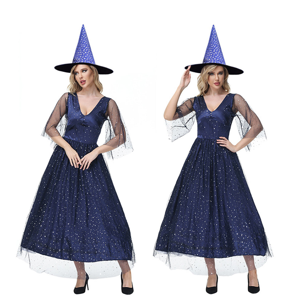 V-neck Mesh Blue Star And Moon Witch Puffy Witch Dress