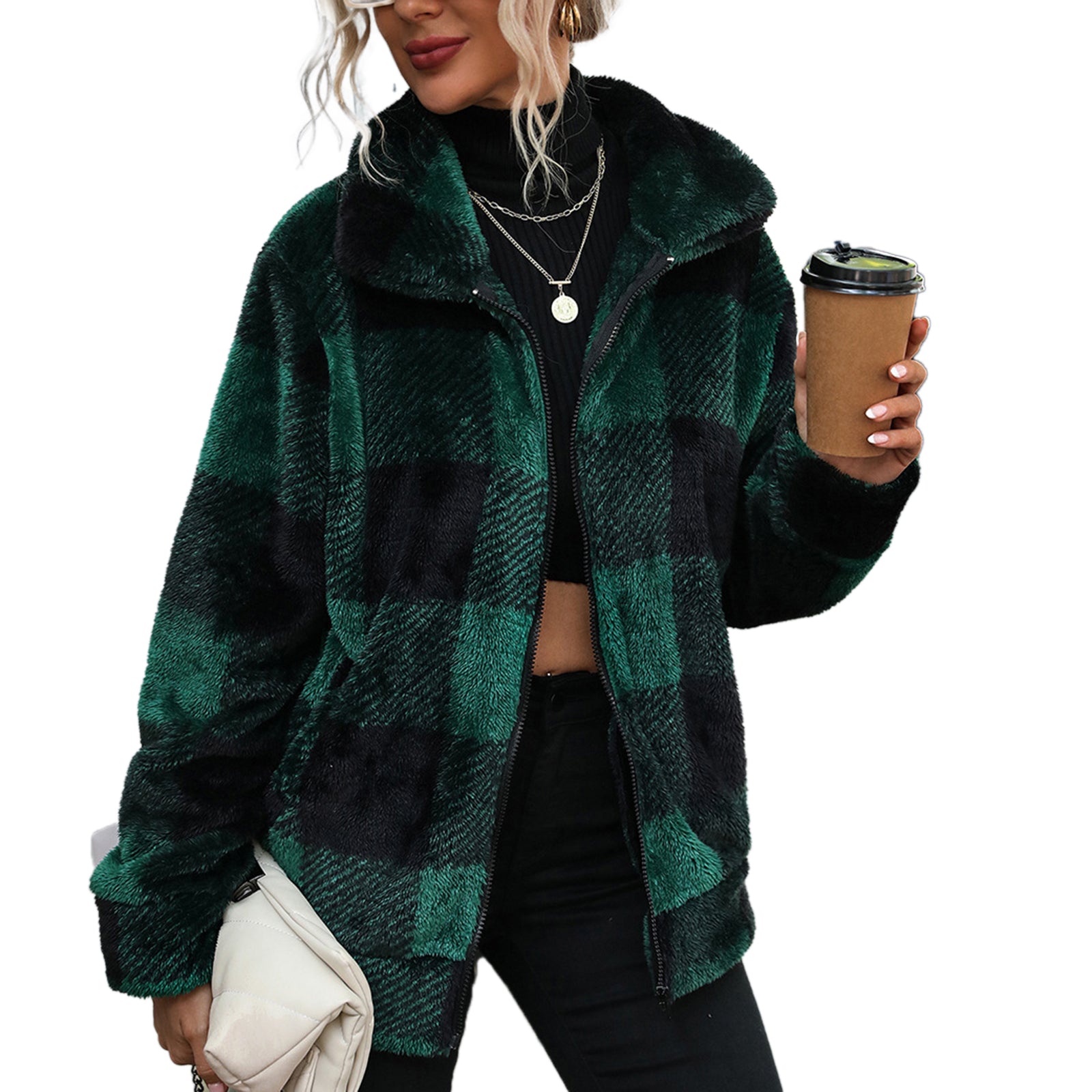 Collar Plaid Regular Coats Plush Zip Double Jacket Coats