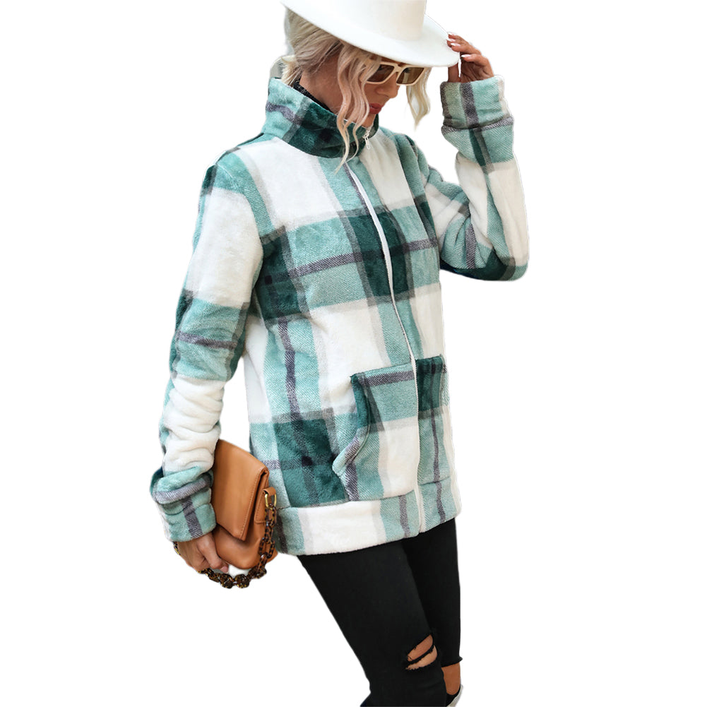 Collar Checked Zippered Loose Plush Jacket Coats