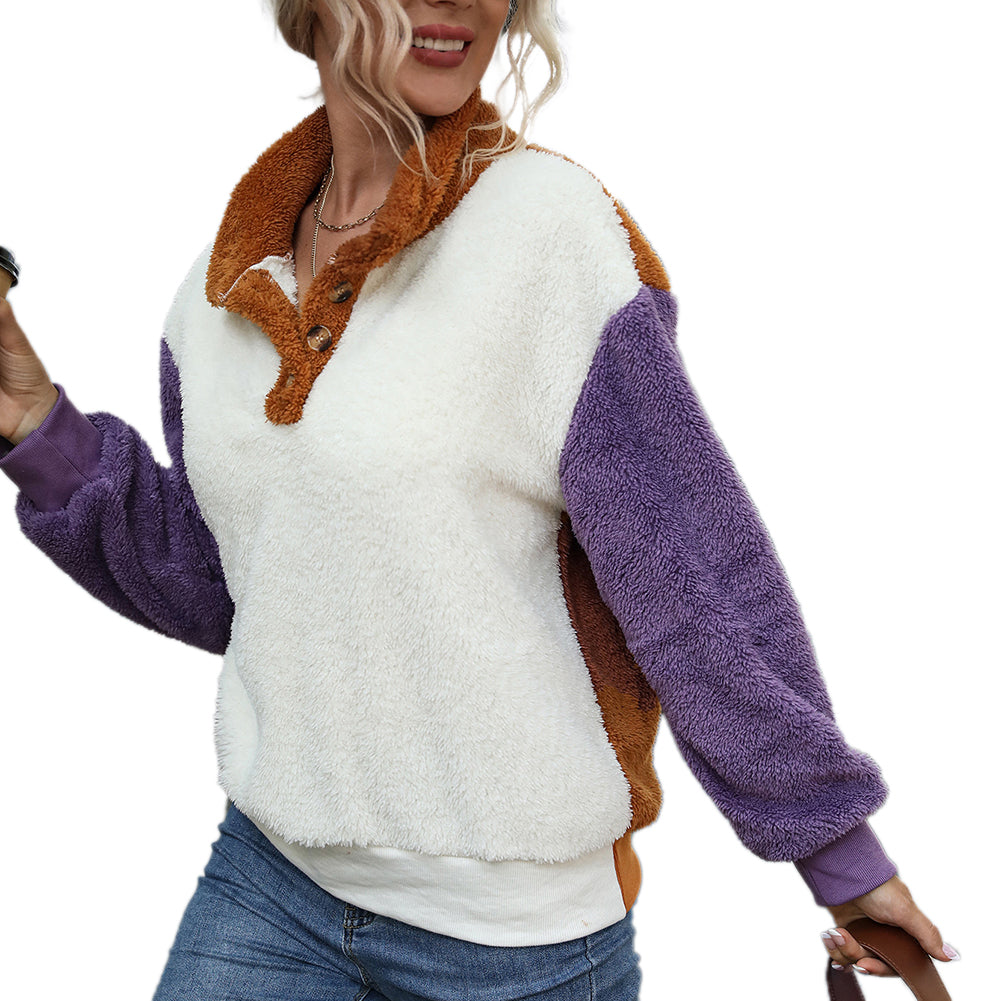 Alternative view of Loose Colorblock Panel Long Sleeve Plush Sweatshirts