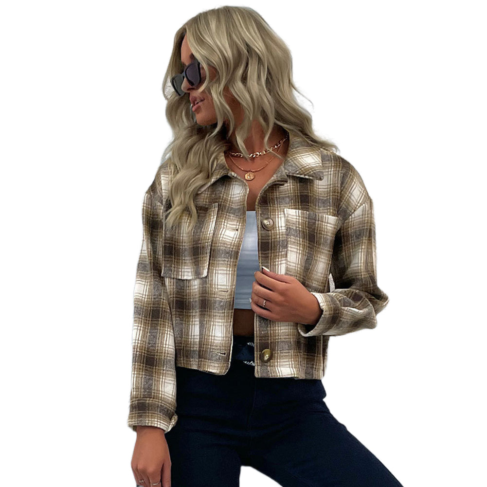 Cropped Plaid Cardigan Coats Vintage Wool Lapel Jacket