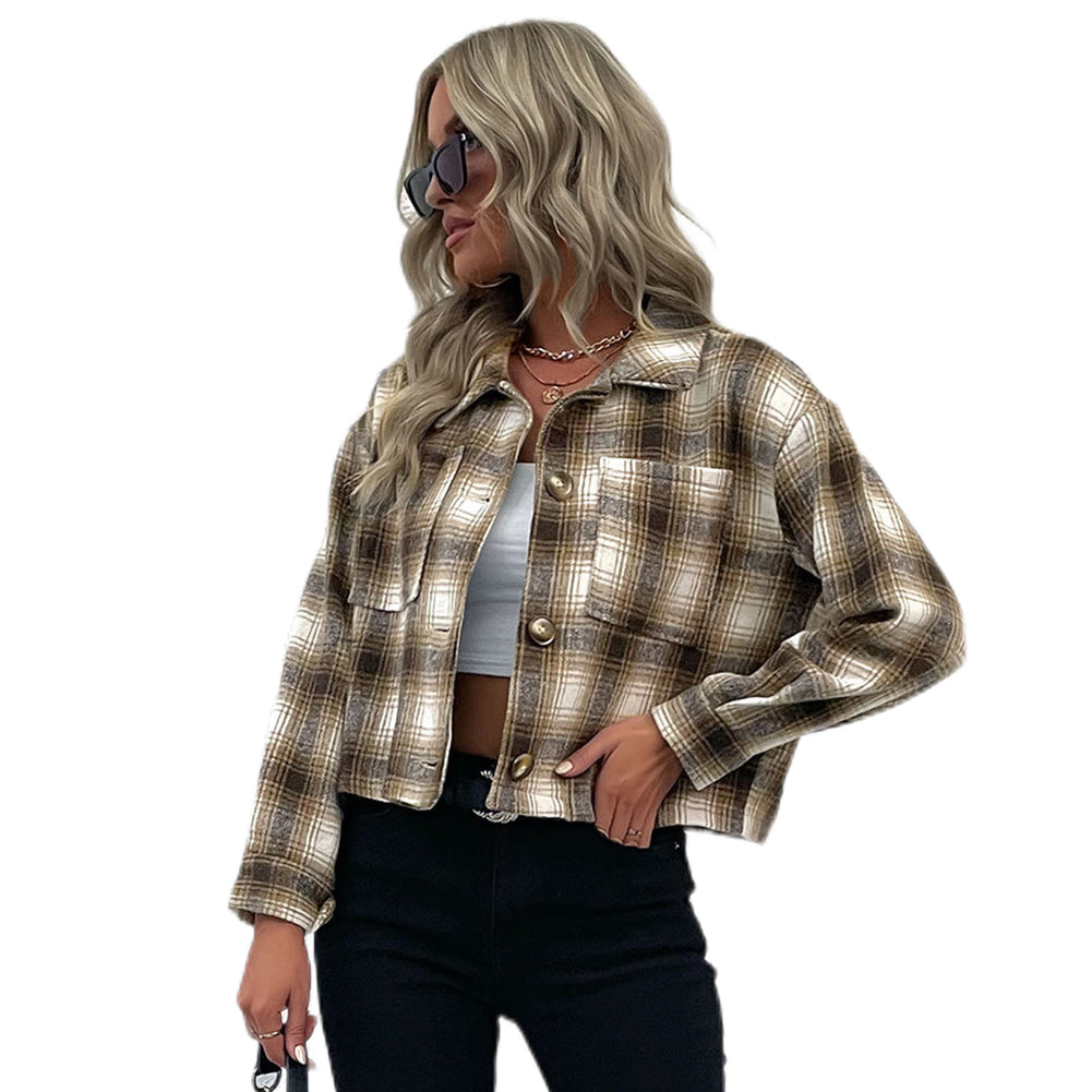 Alternative view of Cropped Plaid Cardigan Coats Vintage Wool Lapel Jacket