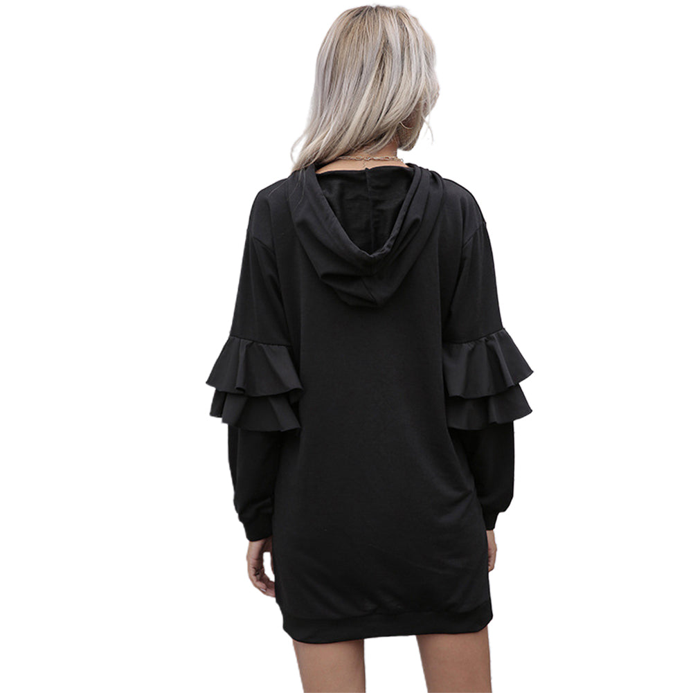 Cross Border Ruffle Panel Hooded Sweater Dress