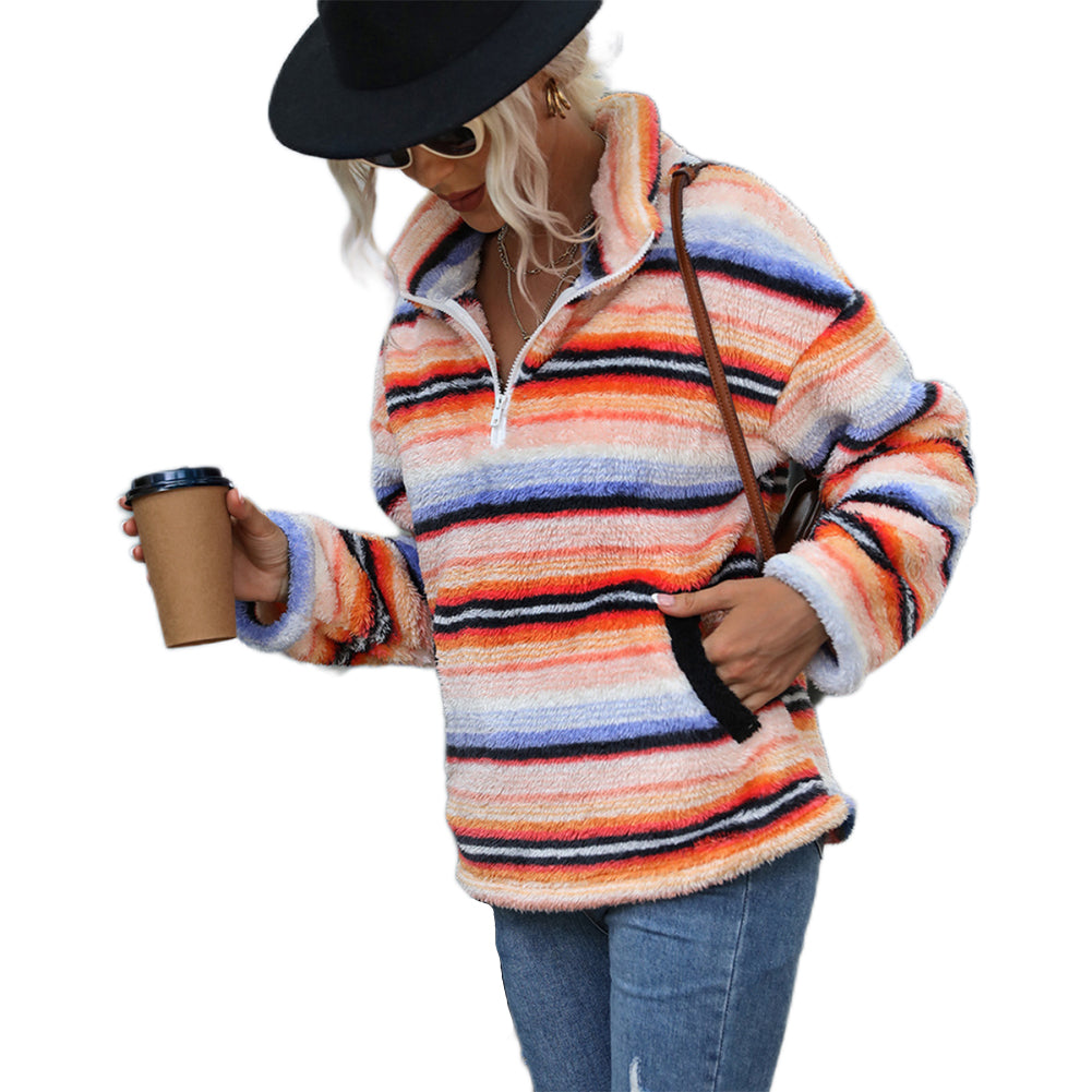 Fleece Striped Print Plush Pullover Sweatshirts