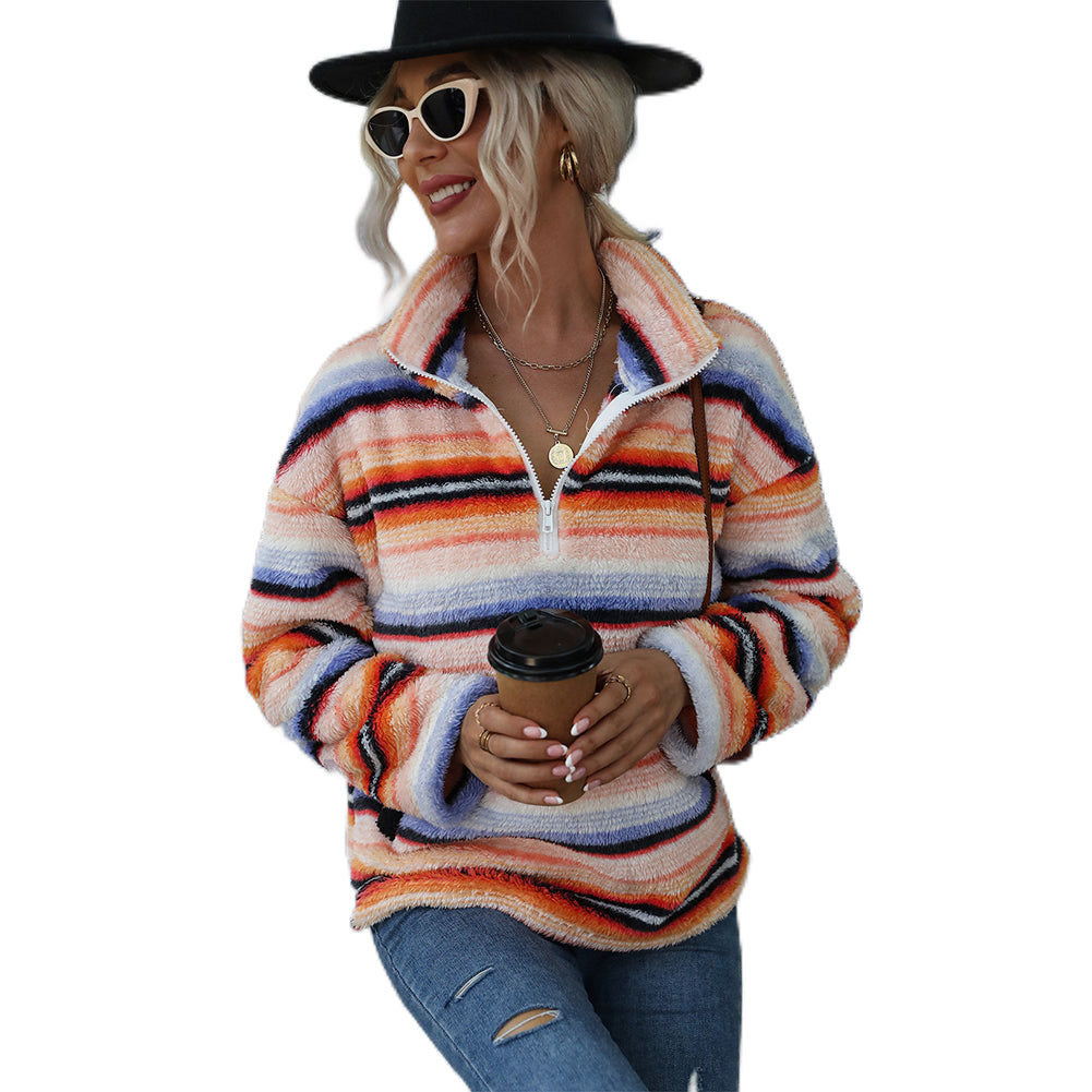Alternative view of Fleece Striped Print Plush Pullover Sweatshirts