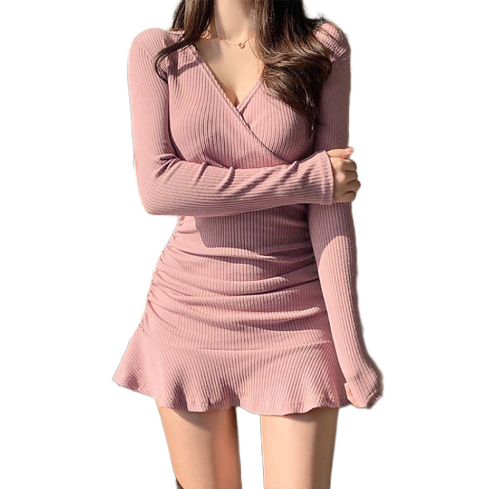 Ruffled V-neck Long-sleeve Dress